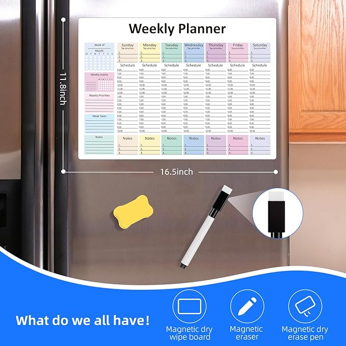 Weekly Hourly Planner Dry Erase Magnetic Whiteboard－Daily Weekly Weekly Planner and Hourly Schedule Checklist－Weekly To Do List Organize Your Daily Work Efficiently