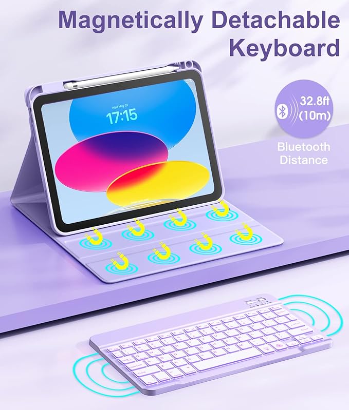 Hamile for iPad 11th 10th Generation Case with Keyboard - 7 Colors Backlit Wireless Detachable Folio Keyboard Cover with Pencil Holder for iPad 11-inch A16 2025 10th Gen 10.9 Inch 2022 (Purple)