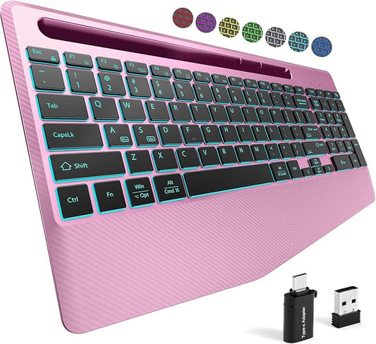 Hamile 2.4G&Bluetooth Wireless Keyboard - Light Up Keyboards with Wrist Rest - 8 Backlit Effects - Slim Rechargeable Silent with Holder for Windows, Mac, Rose Pink