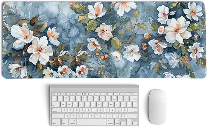Navy Blue Vintage Watercolor Flowers Mouse Pad,Aesthetic Summer Flower Desk Mat,Spring White Wildflowers Mouse Pad,Elegant Botanical Mousepad for Home Office Dorm Desktop Decor,31.5x11.8 Inch