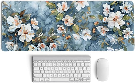 Navy Blue Vintage Watercolor Flowers Mouse Pad,Aesthetic Summer Flower Desk Mat,Spring White Wildflowers Mouse Pad,Elegant Botanical Mousepad for Home Office Dorm Desktop Decor,31.5x11.8 Inch