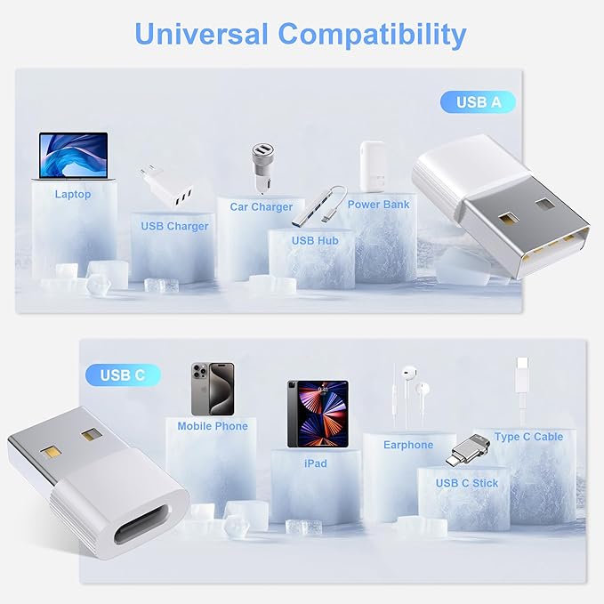 USB to USB C Adapter,3Pack USBC Female to USB A Male with Convenient Carrier, Type C Converter for iPhone 17/16/15/14/13/12, iPad, iWatch, AirPods,Galaxy S25/S24 (White)