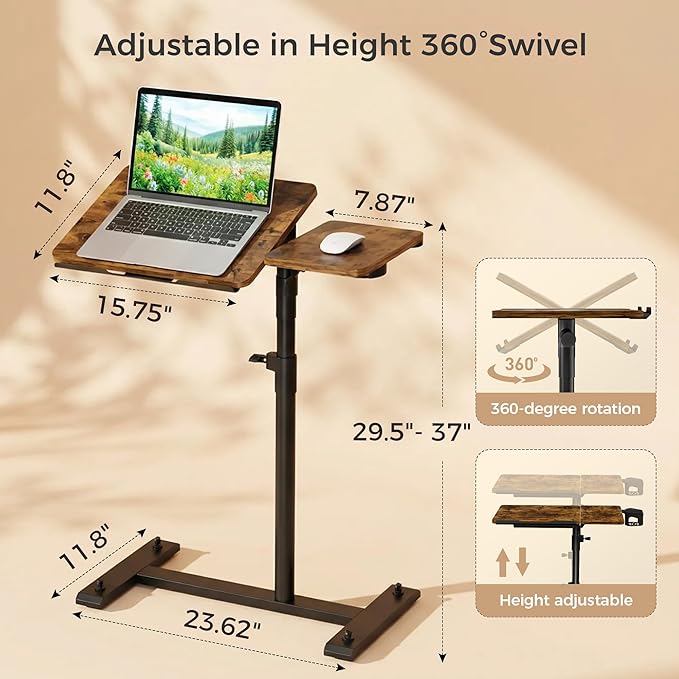 Rolling Table for Laptop Stand, Height and Angle Adjustable Over Bed Table with Wheels, Tilt-Top Laptop Desk for Couch with Cup Holder, Bed Table Tray for Eating (Rustic)