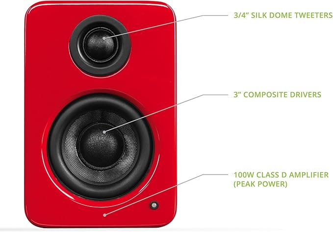Kanto YU2GR PC Gaming Desktop Speakers | 3" Composite Drivers | 3/4" Silk Dome Tweeter | Class D Amplifier | 100 Watts | Built-in USB DAC | Subwoofer Output | Pair | Gloss Red