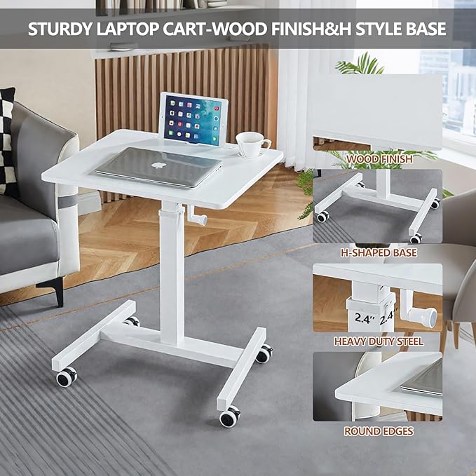 Mobile Standing Desk,Height Adjustable Home Office Desk with Wheels&Cup Holder,Hand Crank Sit Stand Desk and Laptop Cart,Computer Workstation for Home Office Classroom Hospital (Manual White)