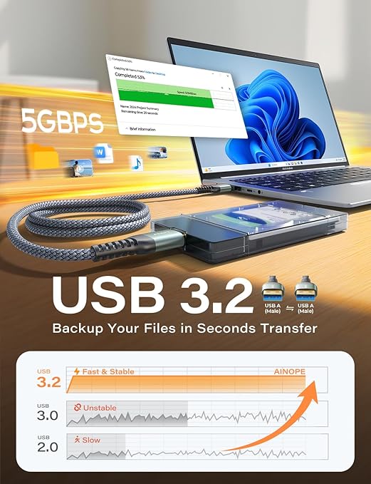 AINOPE USB to USB Cable, USB 3.0 A to A Male to Male Cable [Never Rupture] Double End Type A Cord Compatible with Hard Drive Enclosures, KVM, DVD Player, TV, Laptop Cooler,10Ft/Grey, 1 Pack