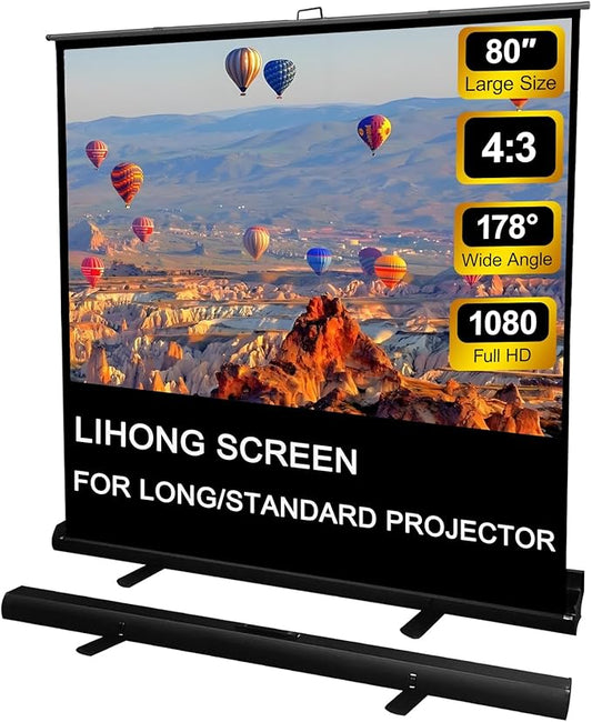 LIHONG Screen 80 inch 4:3 Manual Pull Up Projector Screen Floor Rising Standing Projector Screens 4K HD Indoor & Outdoor Projection Screen for Home Theater Movies,Classroom,Hotel,Office