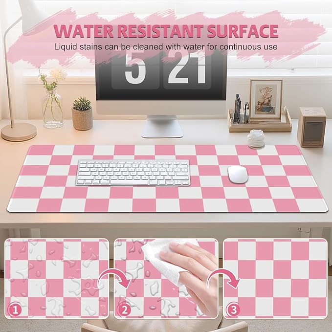Pink White Desk Pad Mouse Pad, Checkered Pattern Large Gaming Mouse Mat with Stitched Edges, Non-Slip Waterproof Rubber Base Mous Mat for Office Computer Keyboard Laptop Home Decor (35.4X17.5 in)