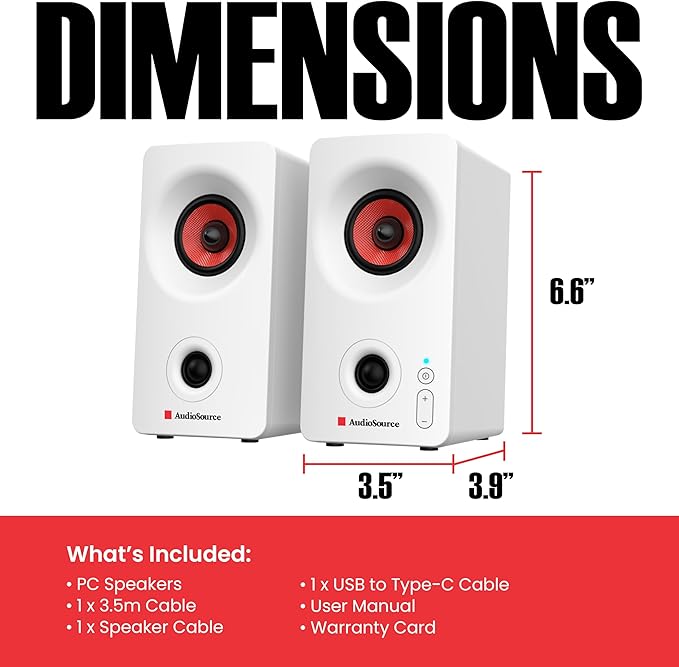 Audiosource Desktop PC Speakers with Bluetooth 5.3, USB-C Plug & Play, 2.0 Stereo Computer Speakers with Dual 2" Drivers, AUX Input, LED Indicator, Compact Design for PC, Laptop & Home Office (White)