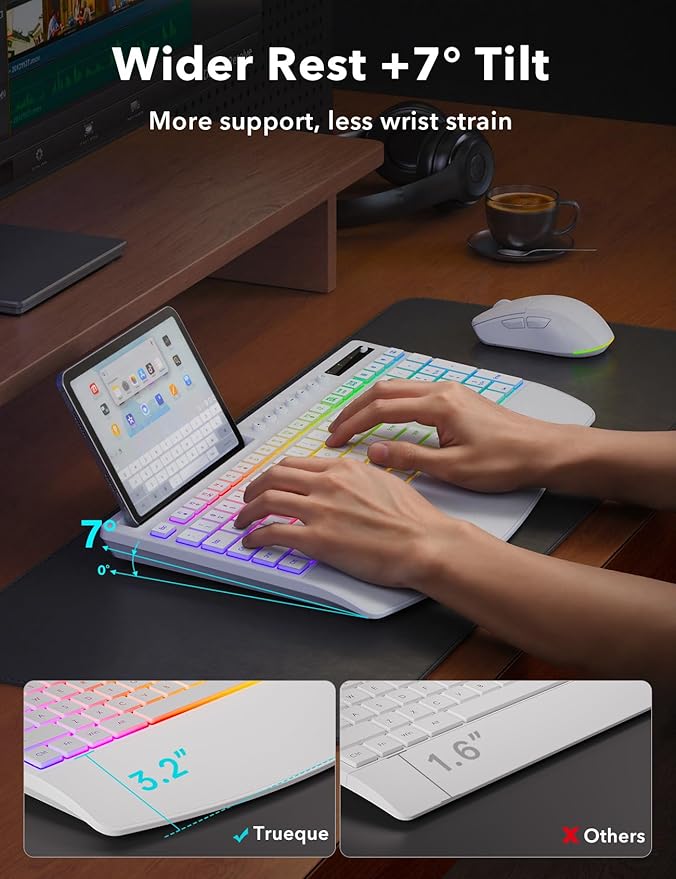 Trueque Wireless Keyboard and Mouse Combo, 4000mAh Rechargeable Backlit Keyboard with Wrist Rest & Phone Holder, Full Size Quiet Typing 2.4G USB-A/Type-C for PC Laptop Windows Mac (White)