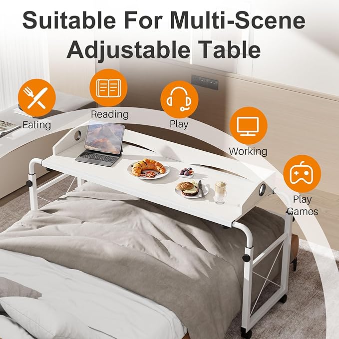 BYMECOST Laptop Desk for Bed, Adjustable Height & Length Laptop Bed Table,Overbed Table with Wheels for Queen Size Beds,Rolling Standing Desk,Over Bed Desk for Working Reading Eating (White)