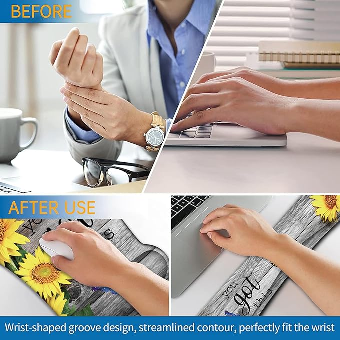 Ergonomic Mouse Pad, Mouse Wrist Rest Pad + Keyboard Wrist Rest Pad + Coaster, Made of Memory Foam, Easy to Use and Relieve Wrist Pain, Computer, Games, Office, Home - You Got This and Sunflower