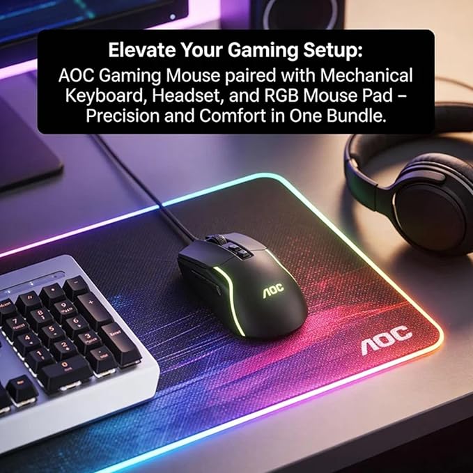 AOC GM170 Wired Gaming Mouse, Black Ergonomic Gamer Corded Mouse USB Computer Mouse Wired with 7 Buttons, Adjustable 7200DPI Optical Game Mice RGB Lighting for PC Laptop Desktop