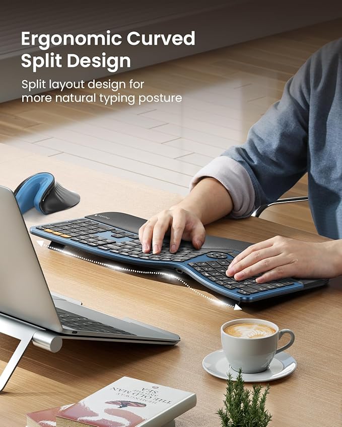 ProtoArc Backlit Wireless Full Size Ergonomic Keyboard Blue and Bluetooth Ergonomic Vertical Mouse Blue