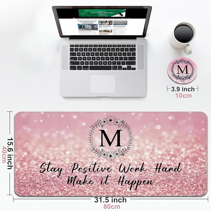 Pink Large Gaming Mouse Pad with Coaster, Desk Mat, Mouse Pad for Computer Keyboard Laptop Office Decor, Stitched Edges Extended Mousepad, 31.5'' x15.6''-Letter M