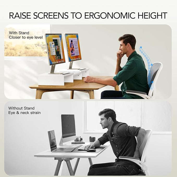 AMERIERGO Dual Monitor Stand Riser- 3 Shelf Screen Stand with Adjustable Length and Angle, 2 Extra Functional Slot Desktop Organizer Stand for PC, Computer, Laptop (White)