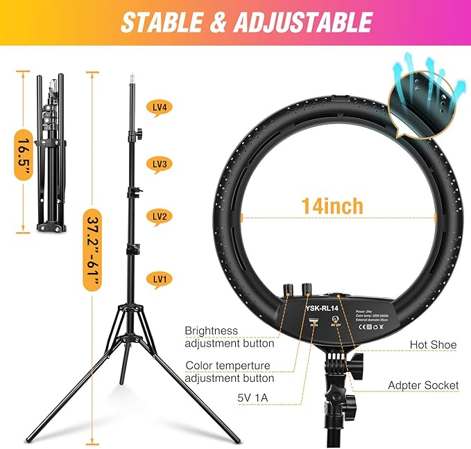 Ring Light with Tripod Stand, Yesker 14 Inch LED Ringlight Kit with Phone Holder Adjustable Color Temperature Circle Lighting, Led Photo Beauty Ring Lights for Camera for Vlog, Makeup, Video Shooting