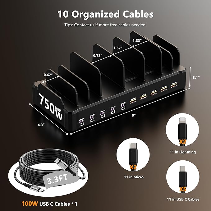 750W Charging Station for Multiple Devices, Zobirez 10-Port Fast Charger, 5 USB-C 120W Each and 5 USB-A 30W Each, Desktop Charging Hub for Laptop Phone Tablet, Black