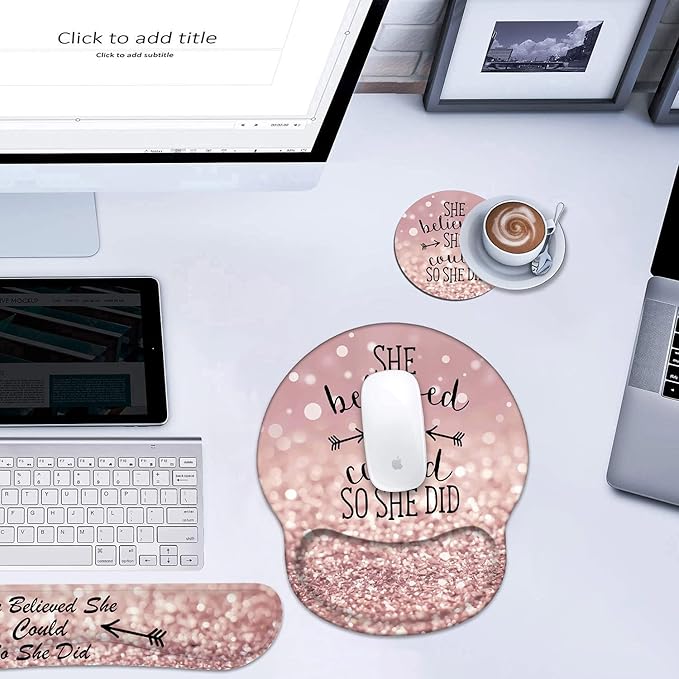 Keyboard Wrist Rest and Mouse Pad Wrist Support, She Believed She Could So She Did Inspirational Quote Non-Slip PU Base, Easy Typing and Relieve Wrist Pain, Perfect for Home Office Working Studying