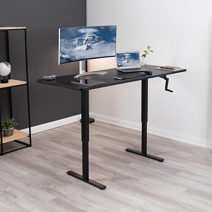 VIVO Manual Height Adjustable 71 x 30 inch Stand Up Desk, White Table Top, Black Frame, Standing Workstation with Foldable Handle, DESK-KIT-MB7W