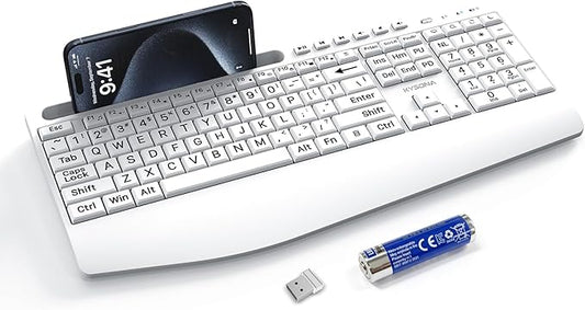 KYSONA Large Print Wireless Keyboard, Full Size Cordless Computer Keyboard with Phone Holder, Palm Rest, Ergonomic Tilt Angle, 2.4G Plug-and-Play, Compatible with Tablet/Windows/Laptop/PC, White