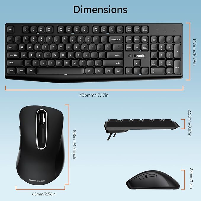 Wireless Keyboard and Mouse Combo, memzuoix 2.4G Full-Size Ergonomic Keyboard Mouse Set, Lag-Free Cordless One USB Receiver for PC, Laptop, Windows, Mac (Black Keyboard + Black Mouse)