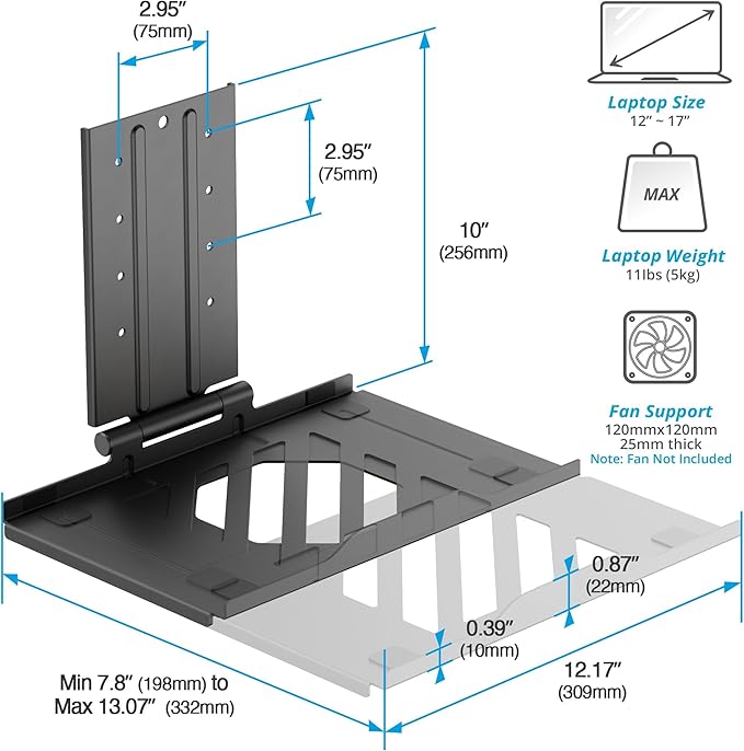 AVLT Adjustable Laptop Tray with Support for 120mm Fan Compatible with VESA 75x75 Monitor Arm - Fits Up to 17Inch Laptops - Weighs 4.41lbs, Black (Fan Not Included)