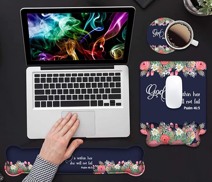 Wrist Rest Support Ergonomic Gel Mouse Pad & Memory Foam Keyboard Set, Non-Slip Rubber PU Base for Home Office Working Studying Easy Typing & Pain Relief - Bible Verses Psalm 46:5