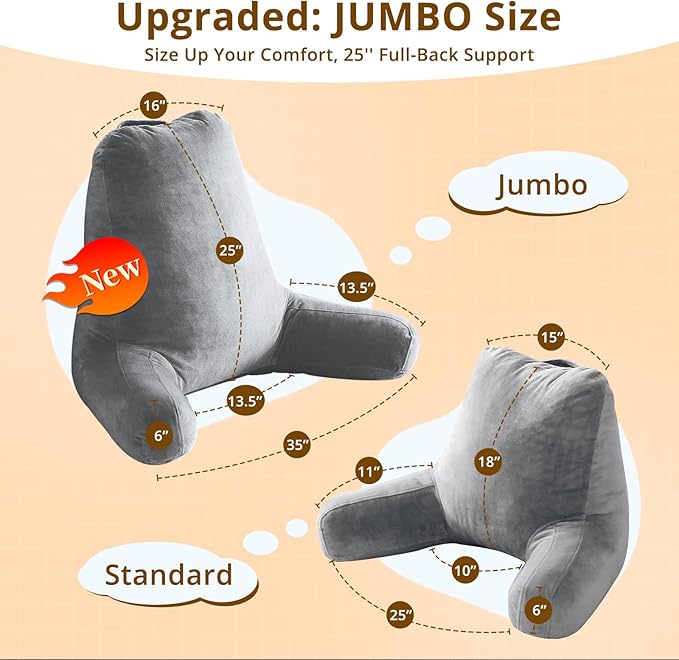 Sasttie 25-inch Reading Pillows for Sitting in Bed Adult, Jumbo Velvet Back Pillow Bed Sitting Up, XL High Back-Rest Support Cushion for Sit Up on Couch & Floor, Oeko-Tex Certified, Dark Grey