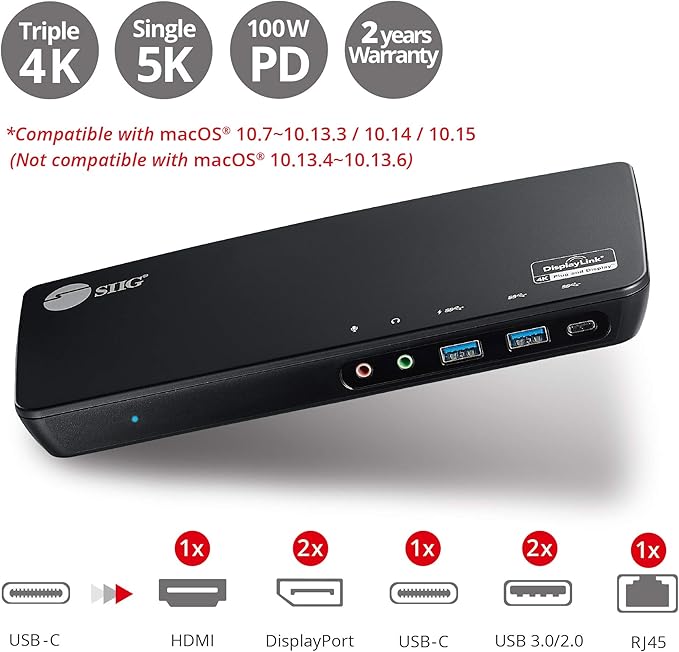 SIIG USB Type C 4K Triple Monitor Docking Station - Triple 4K@60Hz or Single 5K@60Hz Video Laptop Dock with 85W Charging - 1x HDMI, 2x DisplayPort, 5x USB Ports for Windows PC & MacBook (JU-DK0B11-S1)