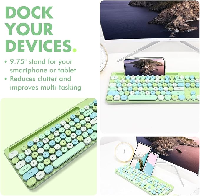 X9 Wired Keyboard and Mouse Combo with Backlight - Retro Typewriter Round Keycaps, Phone/Tablet Dock, 109 Fullsize Keys, Cute Colorful Green Keyboard, Pastel Keyboard for Laptop, PC and Chromebook