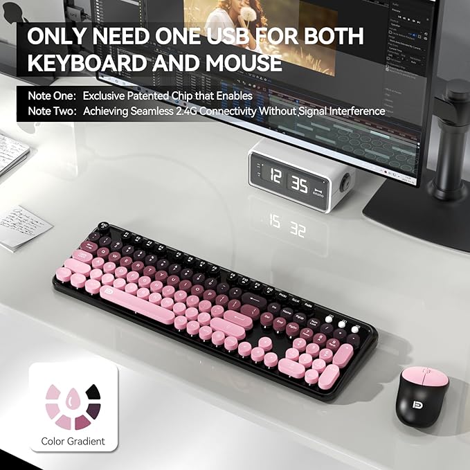 Wireless Keyboards and Mouse Combos, Colorful Cute Typewriter Full-Size Retro Creamy Keyboard, 2.4GHz Sleep Mode Office Quiet Wireless Keyboard and Mouse Set for Desktop Laptop PC Computer-BlackBerry
