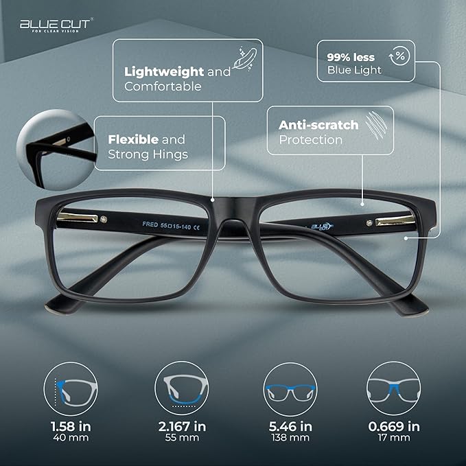 BLUE CUT Blue Light Blocking Glasses for Men and Women – Anti-Fatigue Computer Gaming Glasses to Reduce Eye Strain, Black, 1.00 Magnification