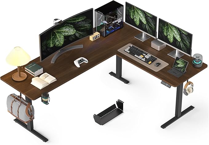 75x61 Inches Reversible L Shaped Standing Desk Height Adjustable with Cup Holder, Electric Corner Computer Workstation for Home Office, Ergonomic Sit Stand up Gaming Desk, Black Walnut