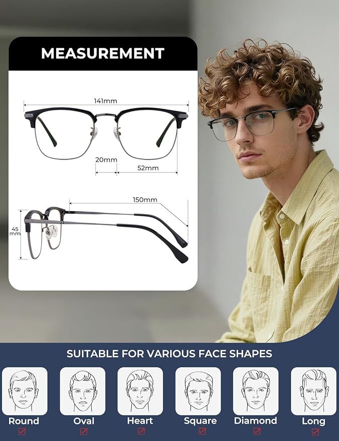 Blue Blocker Glasses for Men Metal Browline Computer Gaming Glasses Filter Blue Ray