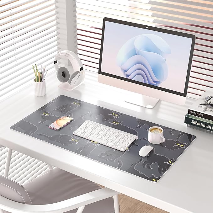 Colorful Star Black Large Mouse Pad, Cute Cat Waterproof Office Desk Mat, Non-Slip Gaming Mouse Pad, XXL PC Laptop Protector Pads, PU Leather Desk Writing Pads for Office Home, 31.5" x 15.7"