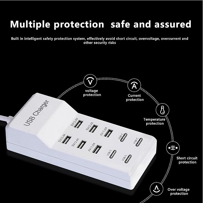 USB Charger,50W USB Charging Station with 10-Port (6 USB-A Port & 4 USB-C Port) Compatible with iPhone 15/14/13/13pro Max 12/12 Mini/12Pro/12 Pro Max/11,Tablets, Smartphones White