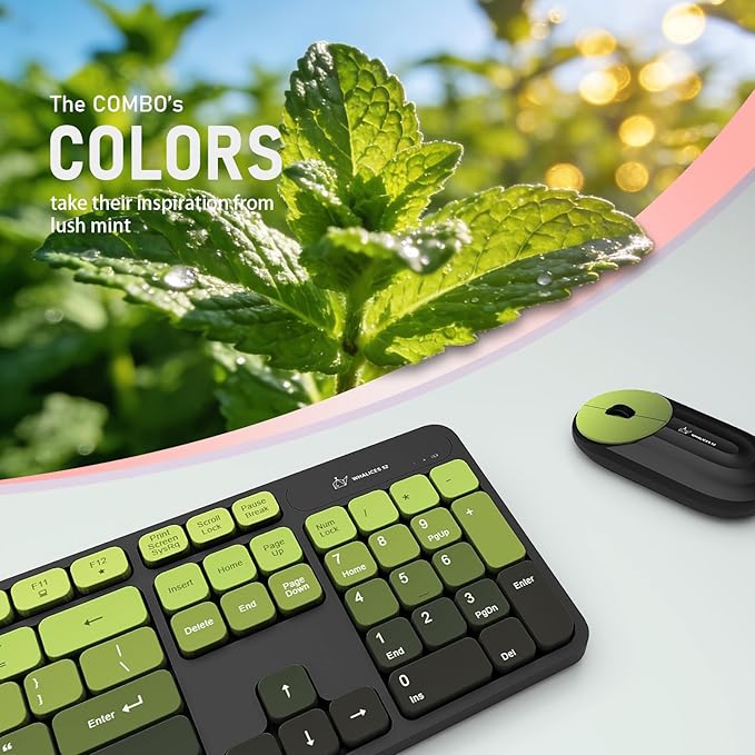 Wireless Keyboard and Mouse Combo - 2.4G Wireless, Rechargeable, Low-Noise, Cute Colorful, Full-Sized, 3 DPI Adjustable Mouse, for Computer, Laptop, PC, Desktop(Black Green)