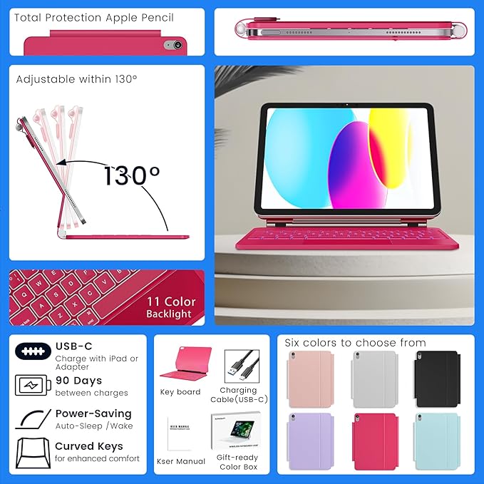 for iPad 11th(A16, 2025)/10th Generation Case with Keyboard, Magic Keyboard 2022, Springy Backlit Keys, Stain-Resistant Surface, Multi-Touch Trackpad, Azalea Red