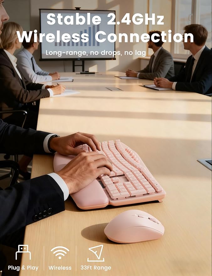 Pink Wireless Keyboard and Mouse Combo, 30dB Quiet Ergonomic Wave Keyboard Set with Soft Leather Palm Rest, Dual-System Switch for Windows/Mac, Ideal for Business Teams Home Office - SABLUTE MA41