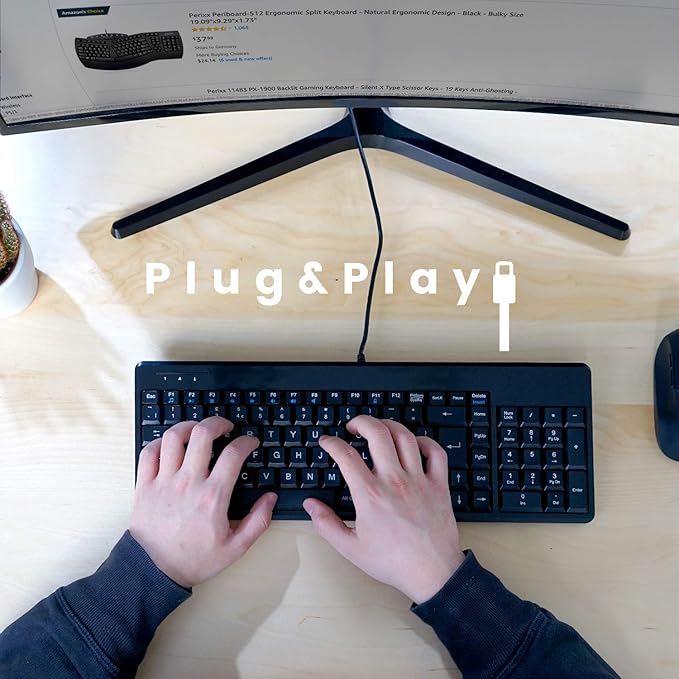 Perixx PERIBOARD-220H US, Wired Compact USB Keyboard with 2 Hubs - Build-in Numeric Keypad - Black - US English Layout, (11506)