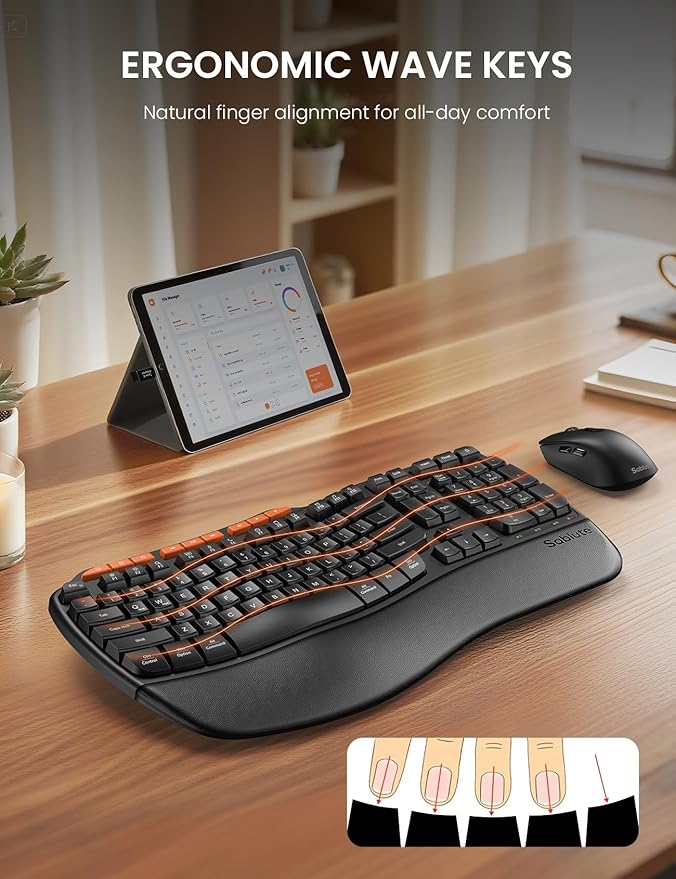 Ergonomic Wireless Keyboard and Mouse Combo, 2.4G Full Size Wave Key Board with Cushioned Palm Rest, Natural Typing, 3 DPI Adjustable Mouse, USB-A & C for Computer/Laptop/Mac/Tablet - Sablute MA31