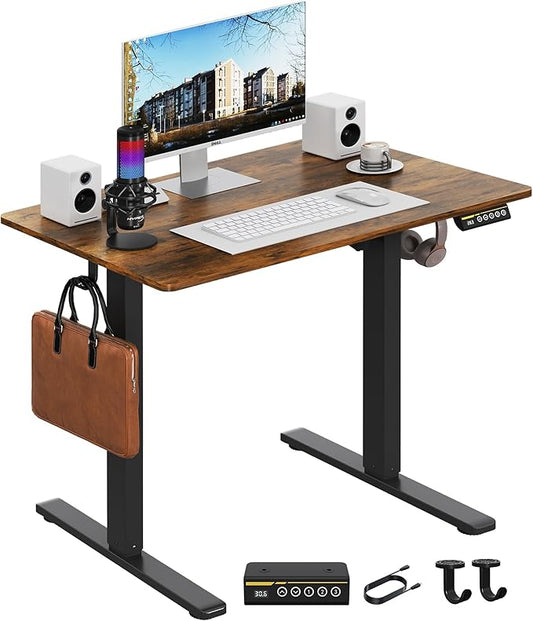 Electric Standing Desk,35x24 Inches Adjustable Height Stand up Desk, Sit Stand Home Office Desk with Splice Board, 3 Preset Heights,Equipped with Hooks,Ergonomic Computer Workstation，Brown