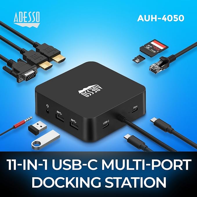 Adesso USB C Docking Station Multiport Adapter Type C Hub 2 HDMI Support 4K, VGA, RJ45 Ethernet Port, 65W PD Charging, 2*USB, SD/TF Card Reader, 3.5mm Audio Jack (TAA Compliant)