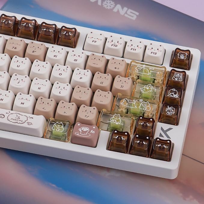 26 Keys Crystal Jelly Personalized Keycaps, PC Material Cute Coffee Cat Transparent Custom Keycaps, Mao Profile Keycap for DIY MX Swithes Mechanical Keyboards