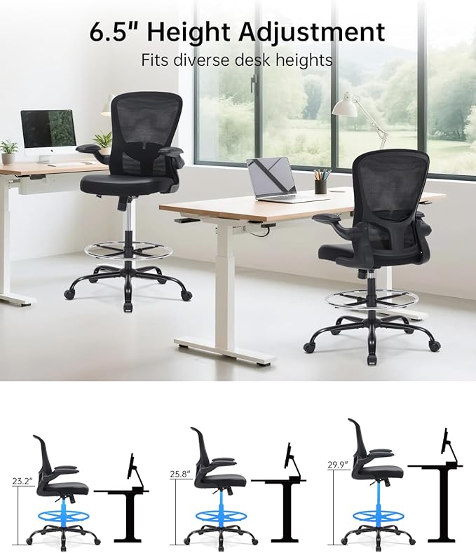 Drafting Chair Tall Office Chair with Flip-up Arms Adjustable Height Standing Desk Chair with Lumbar Support and Footrest Ring Ergonomic Executive Computer Chair Swivel Drafting Stool for Work/Drawing