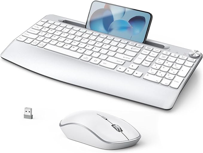 JOYACCESS Ergonomic Wireless Keyboard Mouse Combo, Full Size Wireless Keyboard Designed with Phone Holder and Wrist Rest,Volume Roller for Computer Mac PC Laptop-Silver
