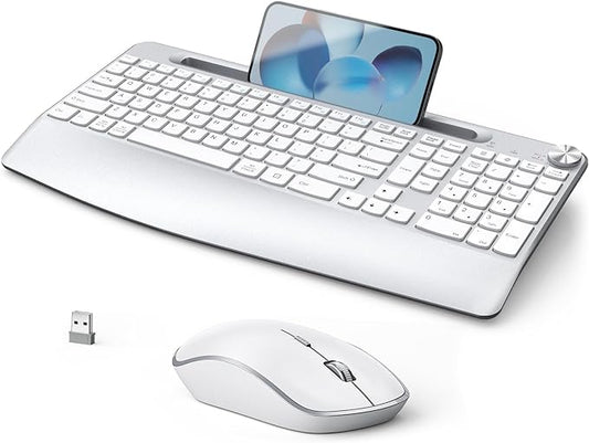 JOYACCESS Ergonomic Wireless Keyboard Mouse Combo, Full Size Wireless Keyboard Designed with Phone Holder and Wrist Rest,Volume Roller for Computer Mac PC Laptop-Silver