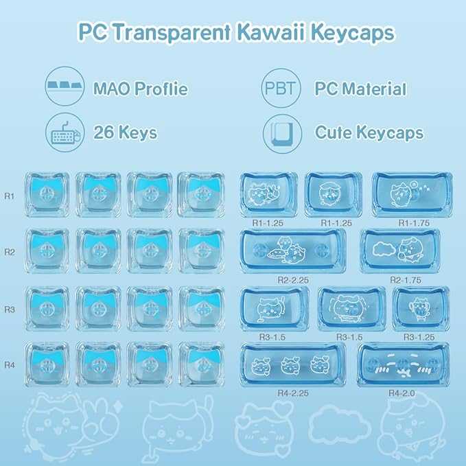26 Keys Crystal Jelly Personalized Keycaps, PC Material Cute Blue Kawaii Transparent Custom Keycaps, Mao Profile Keycap for DIY MX Swithes Mechanical Keyboards
