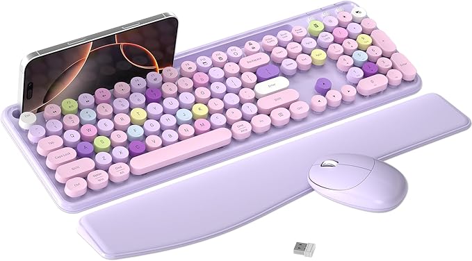 Colorful Wireless Computer Keyboard and Mouse Combo with Phone Holder, Wrist Rest, Typewriter Keys, 2.4GHz Wireless, Full-Sized Optical Mouse for PC and Laptop (Purple)